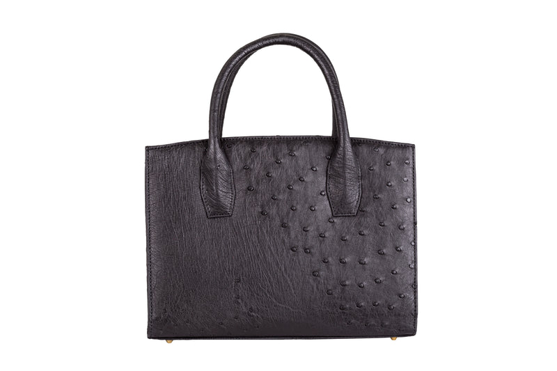 Lauren - Small top handle black ostrich and ostrich shin leather tote bag