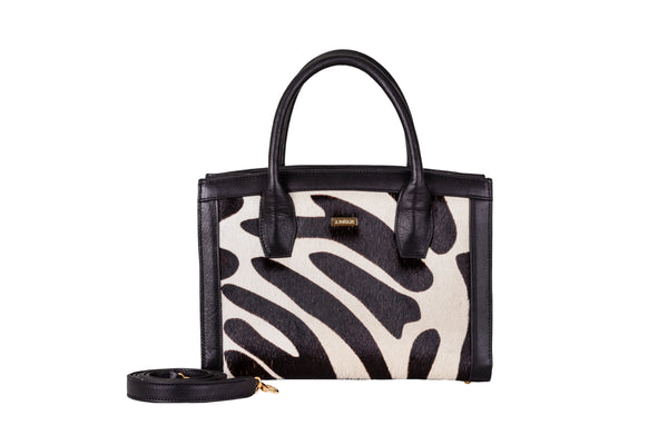 Lauren Medium size, top handle tote bag, zebra printed hair on hide and  black leather