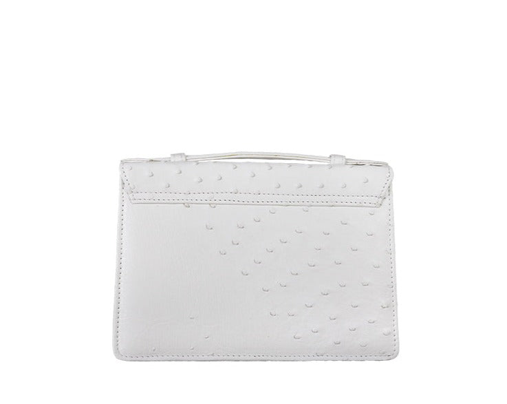 Back_View.White Ostrich Leather Top flap handbag with nickel turn lock, pop up handle and leather and chain detachable adjustable shoulder strap that can be adjusted to wear cross body, shoulder or as a clutch