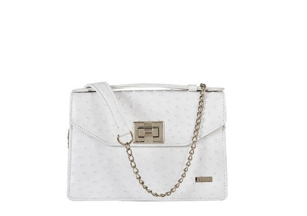 White Ostrich Leather Top flap handbag with nickel turn lock, pop up handle and leather and chain detachable adjustable shoulder strap that can be adjusted to wear cross body, shoulder or as a clutch