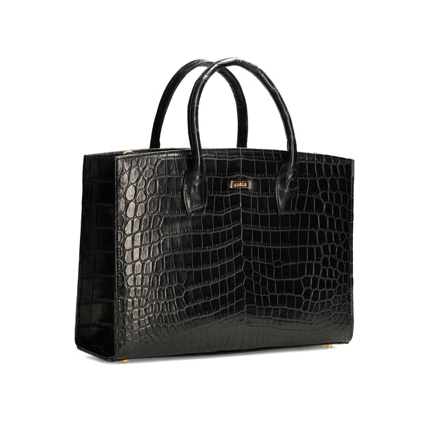 Lauren - Medium size, Black Genuine Nile Crocodile leather top handle tote bag