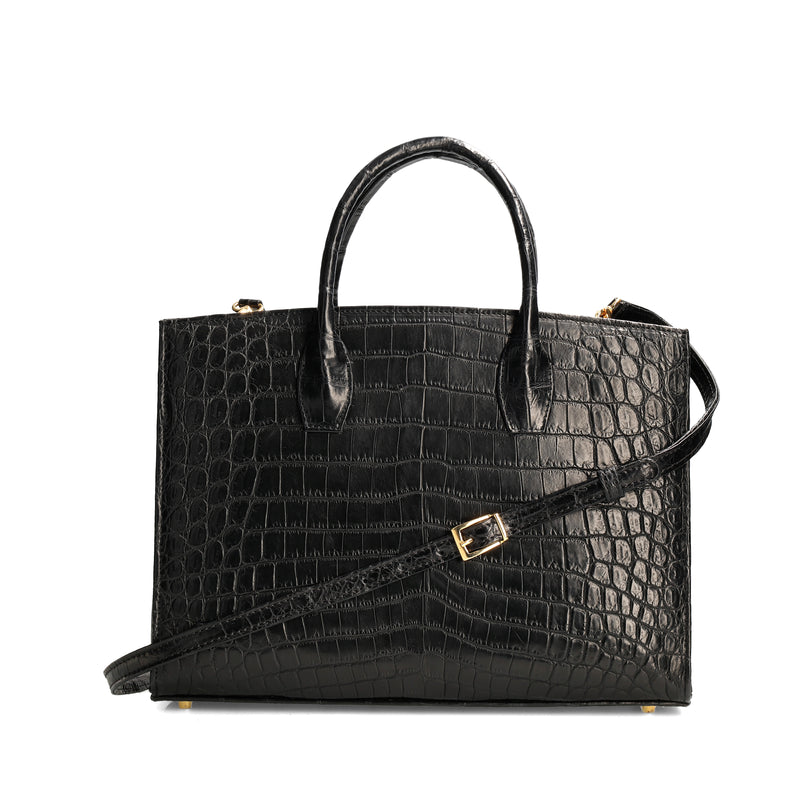 Lauren - Medium size, Black Genuine Nile Crocodile leather top handle tote bag