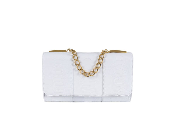 Front view Belinda white ostrich shin top flap clutch bag from the Adele Exclusive Luxury Design Handbag Collection with top chain handle and decorative hardware, 24 carat gold plated. Chain and leather detachable shoulder strap. Inside back zipper pocket and front inside patch pocket. High quality suede leather interior and hidden magnetic lock closure.