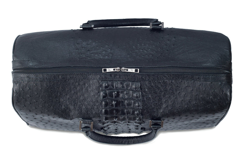 Top view ostrich leather duffel bag crocodile tail insert. Double zipper, double carry handle, gunmetal hardware. Adjustable detachable shoulder strap. Black suede leather interior, inside zip pocket, two open pockets.