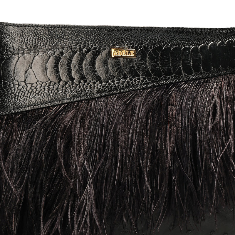 Ivana - Black Ostrich, Ostrich Shin and Ostrich Feathers Cluch Bag