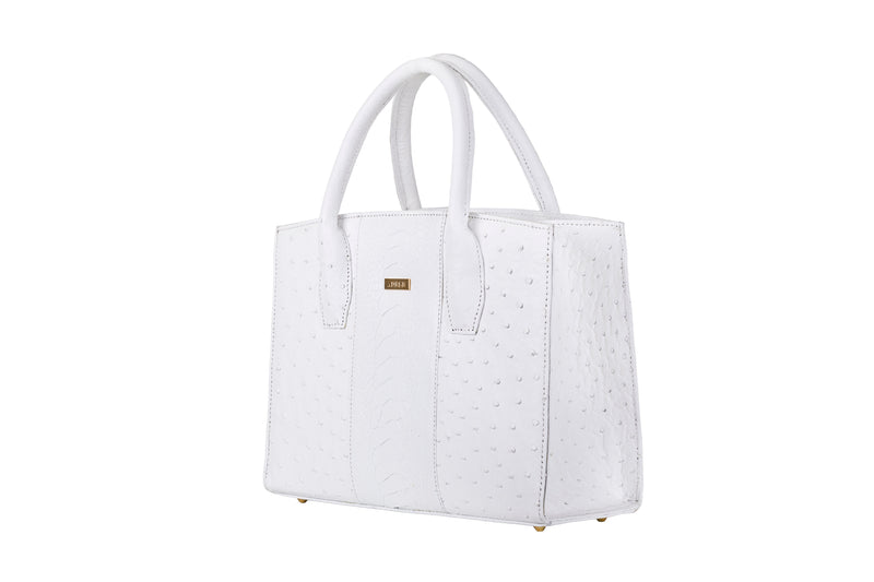 Lauren - Medium size, top handle white ostrich and ostrich shin leather tote bag