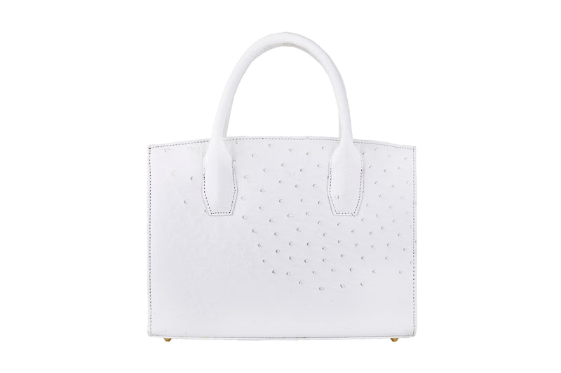 Lauren - Medium size, top handle white ostrich and ostrich shin leather tote bag