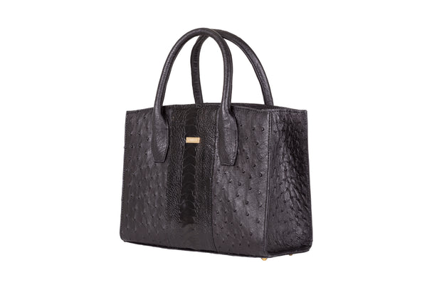 Lauren - Medium size, top handle black ostrich and ostrich shin leather tote bag