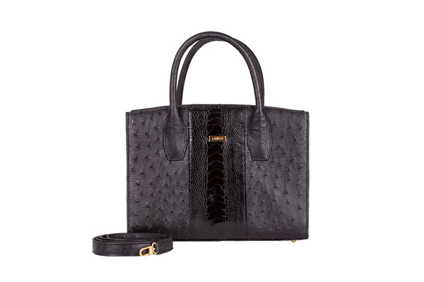 Lauren - Small top handle black ostrich and ostrich shin leather tote bag