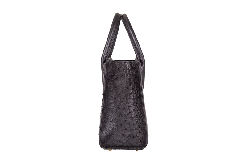 Lauren - Medium size, top handle black ostrich and ostrich shin leather tote bag