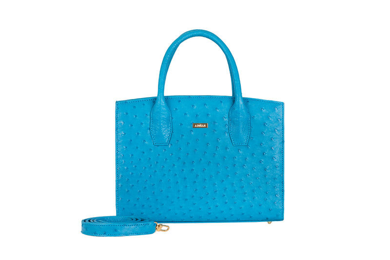 Lauren - Small top handle Turchese color (turquoise) ostrich leather tote bag