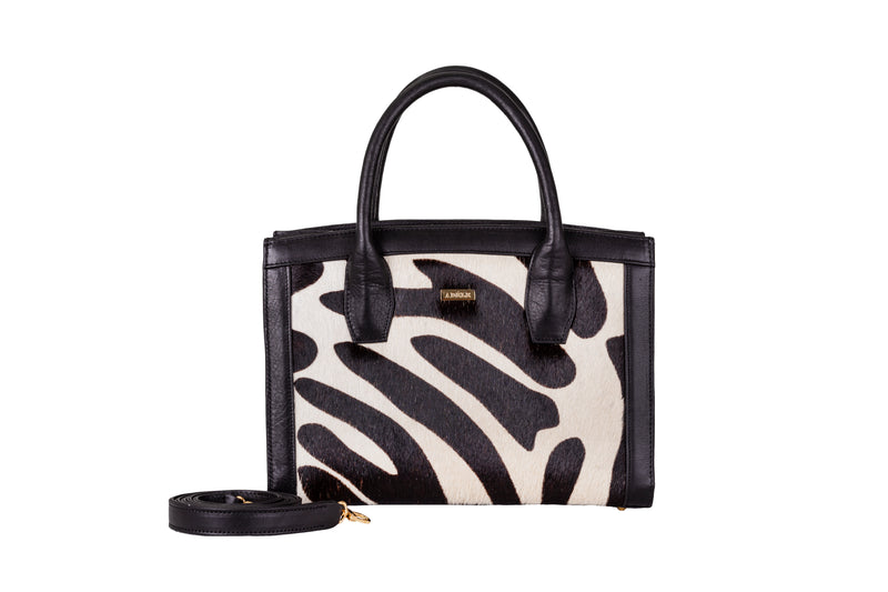 Lauren - Small top handle tote bag, zebra printed hair on hide and black leather