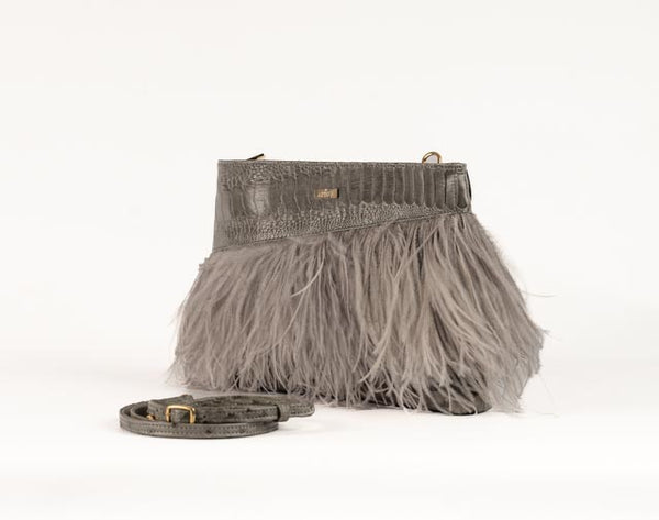Ivana - Grey Ostrich, Ostrich Shin and Ostrich Feathers Cluch Bag