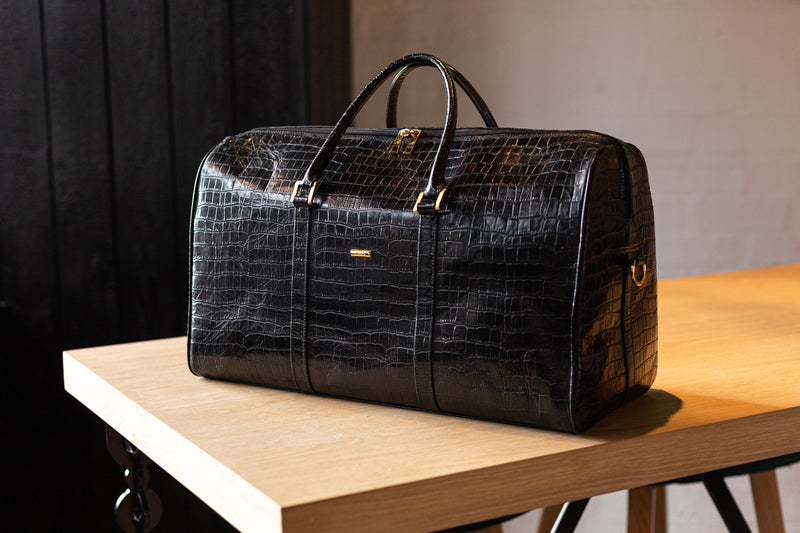 ROLANDI - Black Embossed Crocodile Leather Duffel Bag