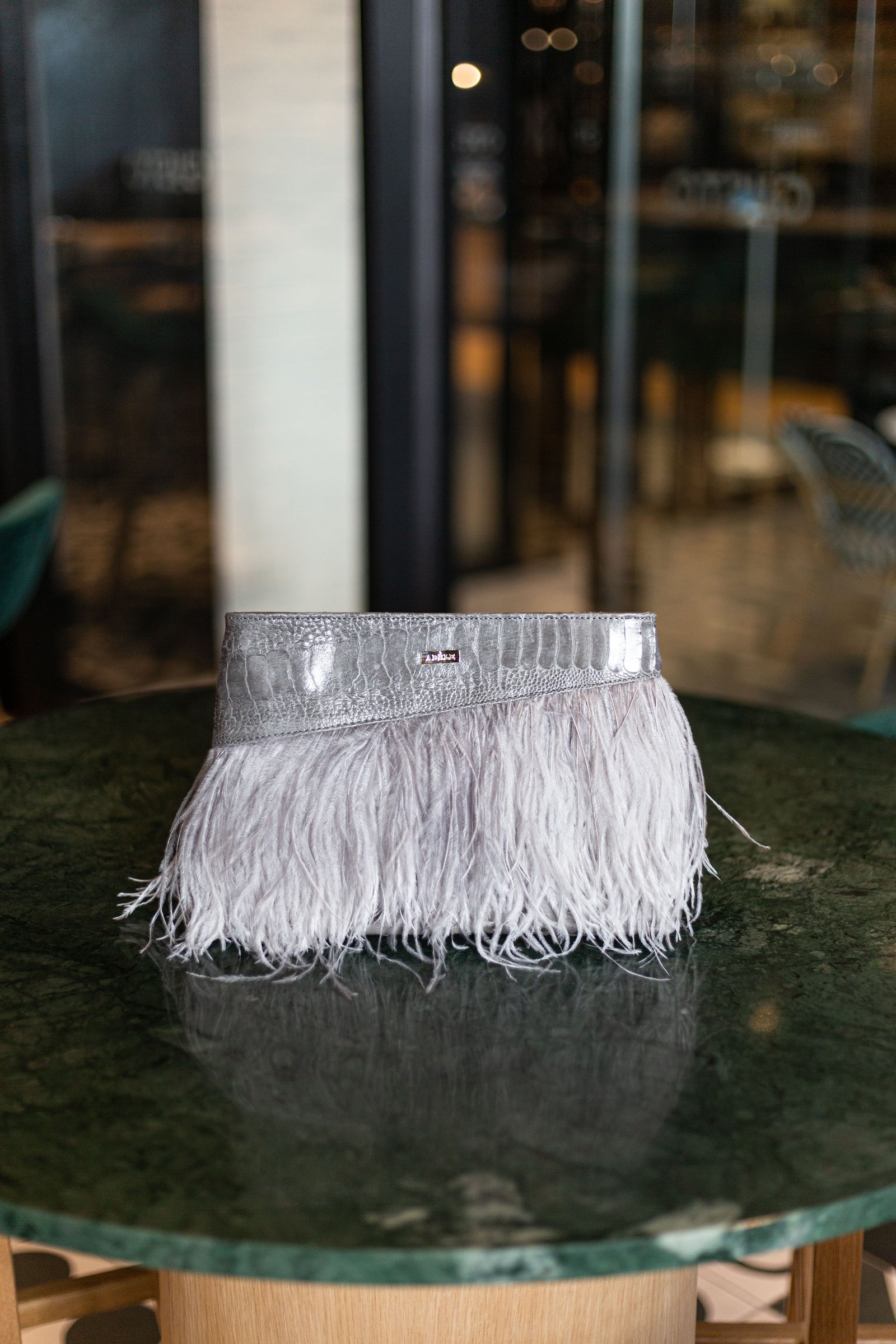 Grey feather clutch bag sale