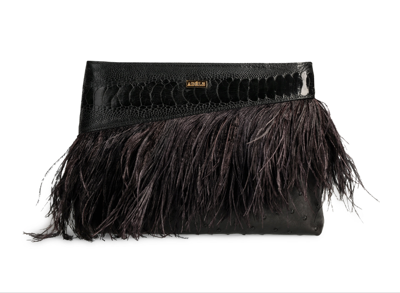 Ivana - Black Ostrich, Ostrich Shin and Ostrich Feathers Cluch Bag