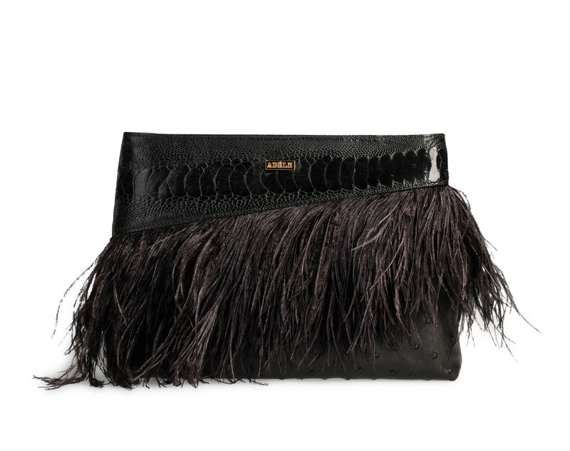 Ivana - Black Ostrich, Ostrich Shin and Ostrich Feathers Cluch Bag