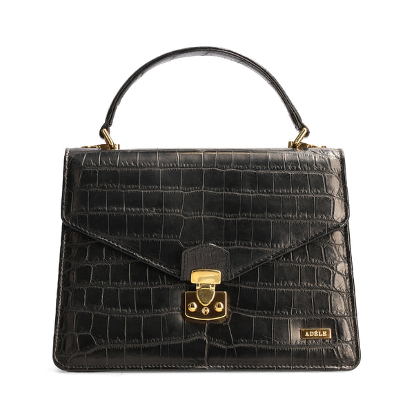 Adele.S - Black Nile Crocodile Leather Handbag - Medium Size - Front view