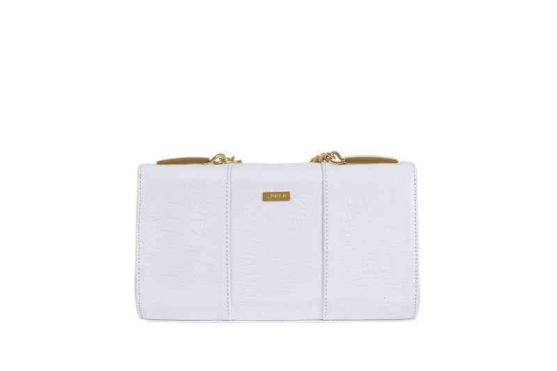 Back view Belinda white ostrich shin top flap clutch bag from the Adele Exclusive Luxury Design Handbag Collection with top chain handle and decorative hardware, 24 carat gold plated. Chain and leather detachable shoulder strap. Inside back zipper pocket and front inside patch pocket. High quality suede leather interior and hidden magnetic lock closure.