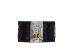 Front View black and sterling foil finish ostrich leather shin top flap clutch bag Bea from Adele Exclusive Luxury Design Handbag Collection