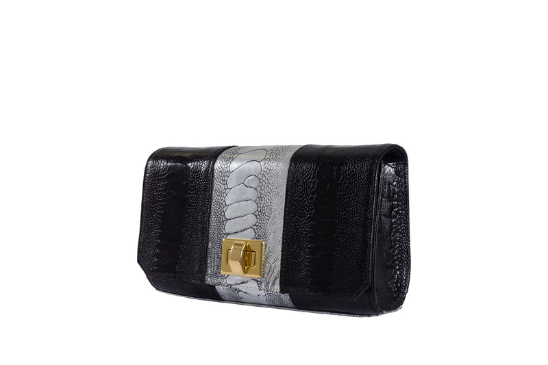 Front Side View black and sterling foil finish ostrich leather shin top flap clutch bag Bea from Adele Exclusive Luxury Design Handbag Collection