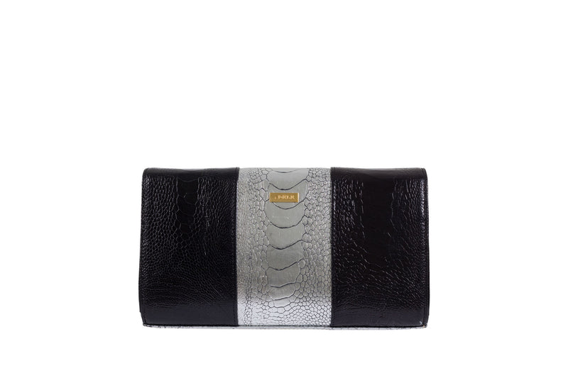 Back View black and sterling foil finish ostrich leather shin top flap clutch bag Bea from Adele Exclusive Luxury Design Handbag Collection