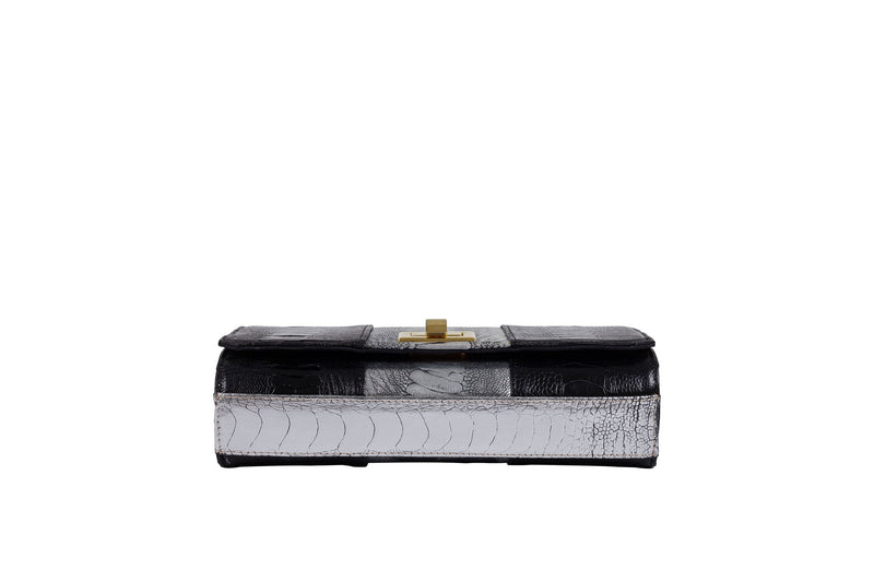Bottom View black and sterling foil finish ostrich leather shin top flap clutch bag Bea from Adele Exclusive Luxury Design Handbag Collection