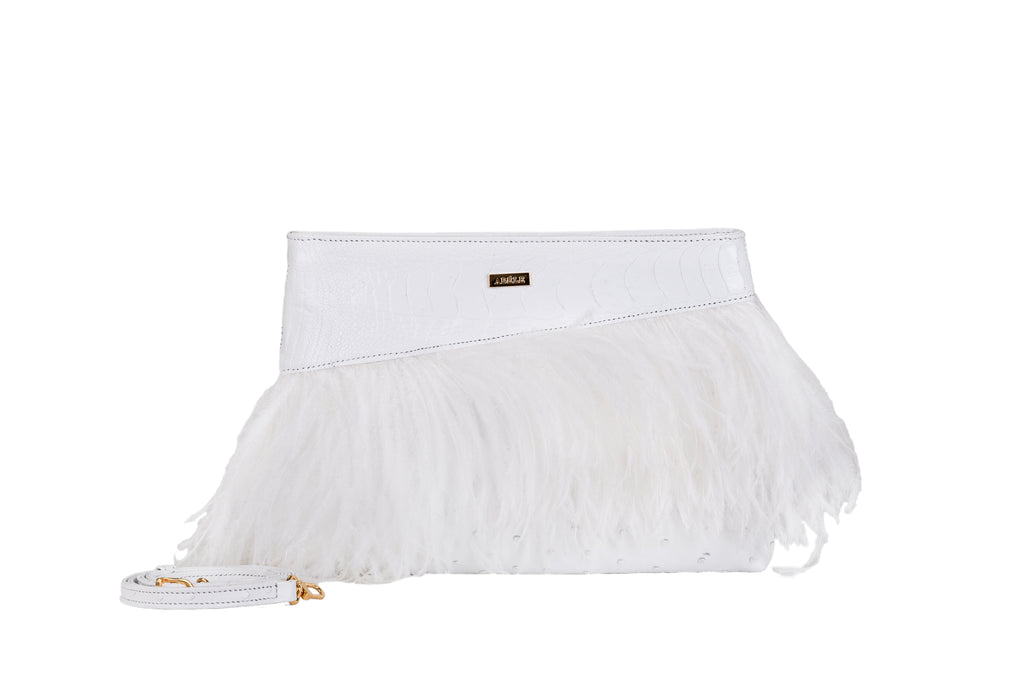 White on sale feather clutch