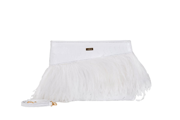 Ivana - White Ostrich, Ostrich Shin and Ostrich Feathers Cluch Bag