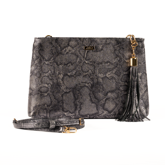 Front view, Adele style Lana, silver snake printed leather clutch/sling bag with adjustable detachable shoulder strap