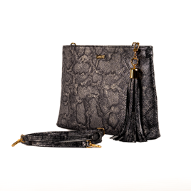 Side view, Adele style Lana, silver snake printed leather clutch/sling bag with adjustable detachable shoulder strap