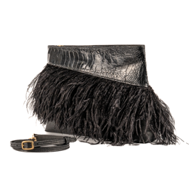 Ivana - Black Ostrich, Ostrich Shin and Ostrich Feathers Cluch Bag