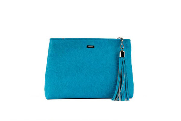 Bright baby blue cow hide leather clutch/sling bag from the Adele Exclusive Luxury Design Handbag Collection. Nickel decorative hardware with a detachable shoulder strap. Top zipper closure with inside back zipper pocket, suede leather lining and top zipper. Decorative tassel. 