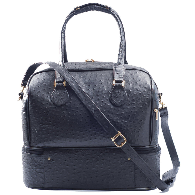 Back view Adele Exclusive Luxury Design Double Decker black embossed ostrich leather bag