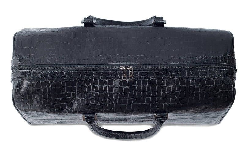Top view Chris Embossed Crocodile Leather duffel bag. Double zipper and double carry handle, gun metal hardware. Adjustable detachable shoulder strap. Black suede leather interior, inside zip pocket and two open pockets.