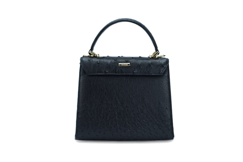 Back view  view Ostrich leather constructed top flap handbag with an Italian turn-lock closure. Inside zipper pocket, leather suede interior. Top handle 24 carat gold plated hardware,detachable shoulder strap with adjustable buckle. Bottom feet studs.