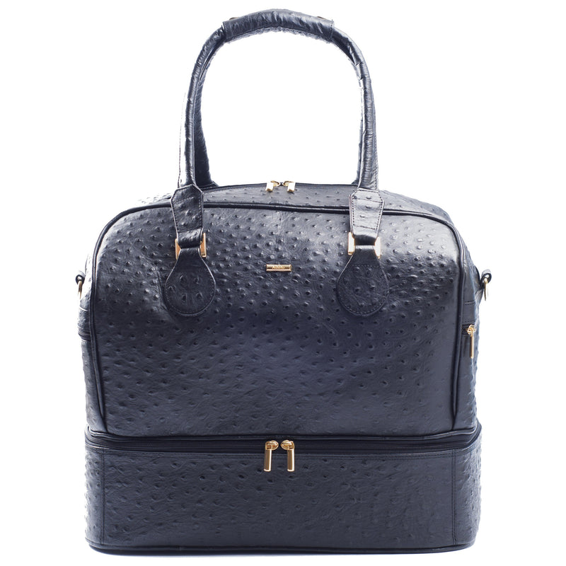 Front view Adele Exclusive Luxury Design Double Decker black embossed ostrich leather bag