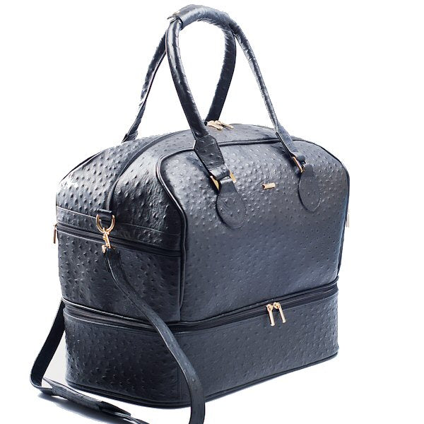 Front side view Adele Exclusive Luxury Design Double Decker black embossed ostrich leather bag